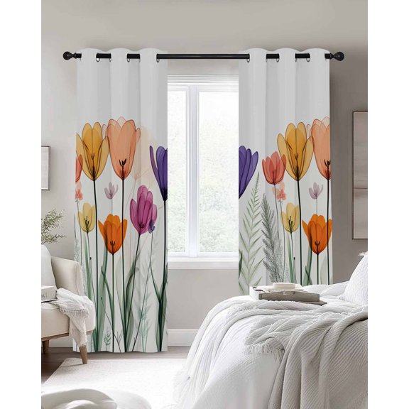 Spring Orange Blackout Curtains 2 Panels Purple Pink X-ray Floral Flower Leaf Thermal Insulated Grommet Window Curtains for Bedroom Living Room 27.5"x39"