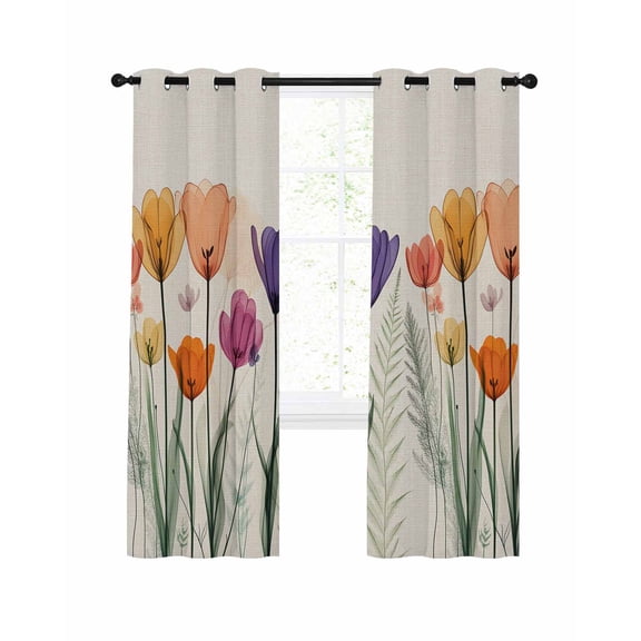 Spring Orange Blackout Curtains 45 Inch Length Purple Pink X-ray Floral Flower Leaf Beige Thermal Insulated Window Curtain Window Drapes 2 Panels for Bedroom Living Room 52"Wx45"L