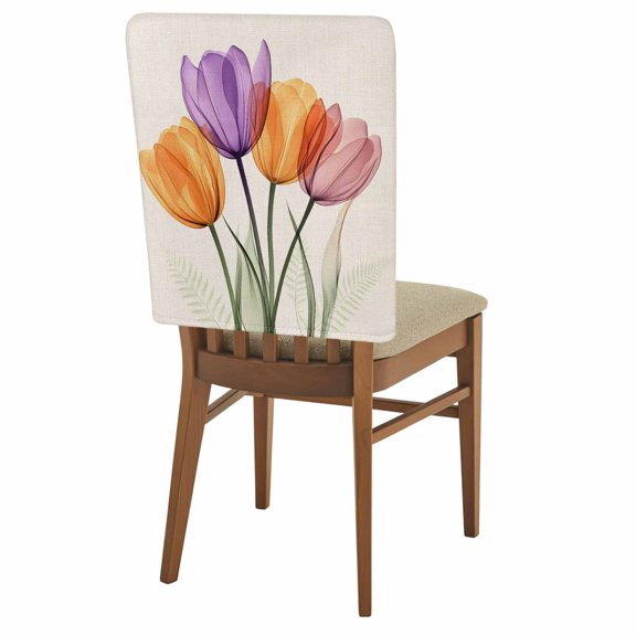 Spring Orange Chair Back Covers Set of 4 Purple Pink X-ray Tulip Flower Leaf Retro Removable Dining Chair Slipcovers Washable Seat Protector for Restaurant Party Banquet Kichen Decor