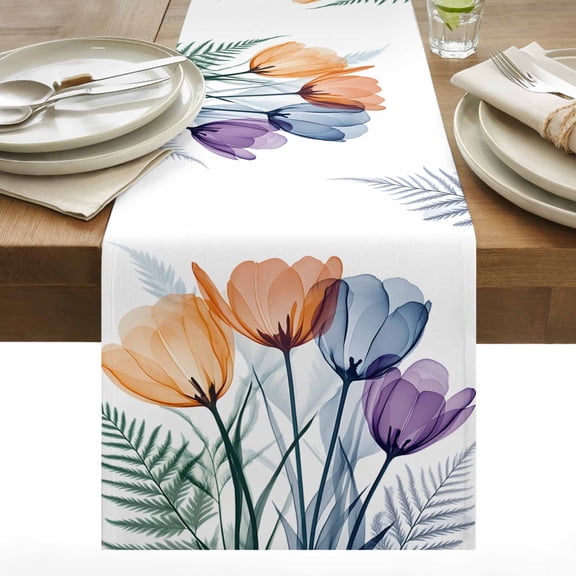 Spring Orange Cotton Linen Table Runner Flower X-ray Illustration of Tulips Blue Leaf Dining Table Runners for Home Decor Party Dining Room Restaurant Kitchen 13" x 60"