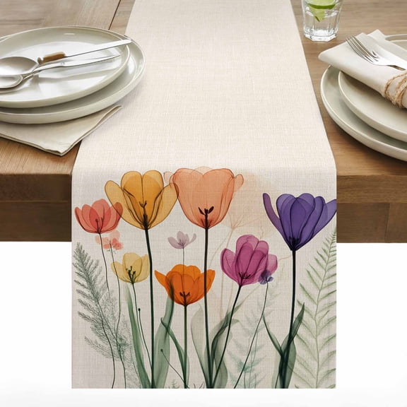 Spring Orange Cotton Linen Table Runner Purple Pink X-ray Floral Flower Leaf Beige Dining Table Runners for Home Decor Party Dining Room Restaurant Kitchen 13" x 48"