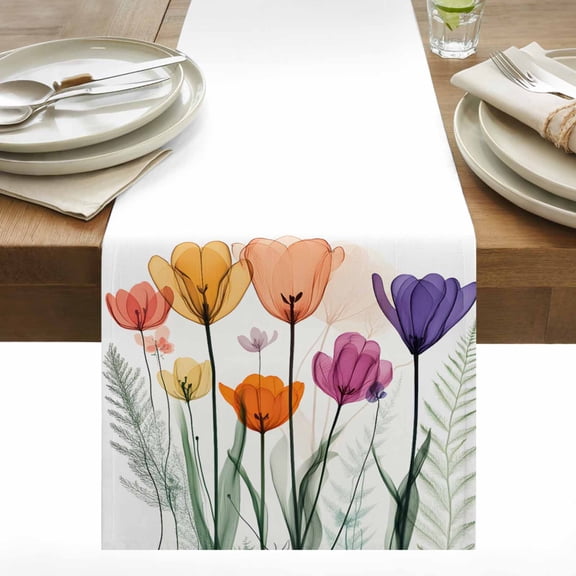 Spring Orange Cotton Linen Table Runner Purple Pink X-ray Floral Flower Leaf Dining Table Runners for Home Decor Party Dining Room Restaurant Kitchen 13" x 36"