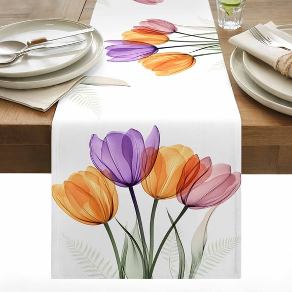 Spring Orange Cotton Linen Table Runner Purple Pink X-ray Tulip Flower Leaf Dining Table Runners for Home Decor Party Dining Room Restaurant Kitchen 13" x 36"
