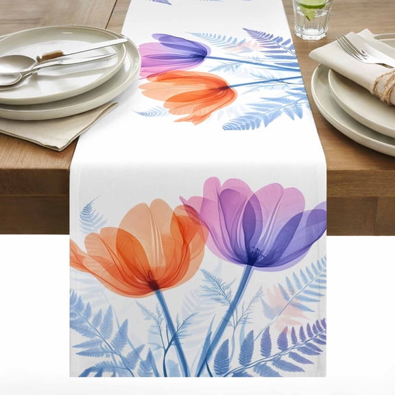 Spring Orange Cotton Linen Table Runner Purple X-ray Tulips Floral Fern Leaf Dining Table Runners for Home Decor Party Dining Room Restaurant Kitchen 13" x 60"