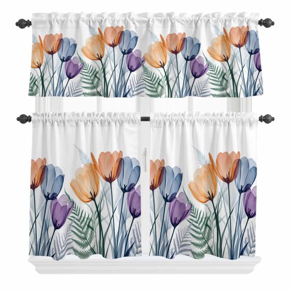 Spring Orange Curtain Valances Set Flower X-ray Illustration of Tulips Blue Leaf Kitchen Curtains 24 inch Length Rod Pocket Valance and Tiers 3 Piece Set Small Bedroom Bathroom Laundry Decor