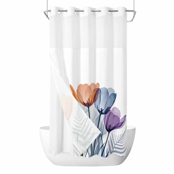 Spring Orange No Hooks Shower Curtain with Snap-in Liner Flower X-ray Illustration of Tulips Blue Leaf Shower Curtains for Bathroom, Waterproof, Easy Install, Washable 36"x78"