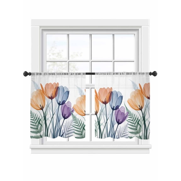 Spring Orange Sheer Curtains for Living Room Bedroom, Flower X-ray Illustration of Tulips Blue Leaf Light Filtering Sheer Curtain Rod Pocket Voile Window Treaments Drapes, 52 x 45 Inches