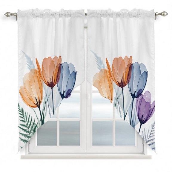 Spring Orange Swag Curtain Valance for Small Windows, Flower X-ray Illustration of Tulips Blue Leaf Window Treatments Rod Pocket Short Topper Valances for Kitchen Bathroom Bedroom, 28"x36" 2 Pack