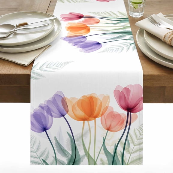 Spring Orange Table Runner 13x36 inch Purple Red X-ray Tulips Flower Leaf Cotton Linen Dining Table Runner Ideal for Dresser Kitchen Coffee Tables - Machine Washable