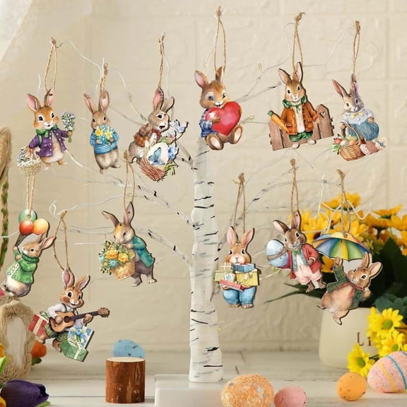 Spring Ornaments, Bunny decorations, Solid Poplar Wood, Home decorations, Fireplace Hearth Arrangements, Assorted Playful Poses, 12 Pc (162 Chars)