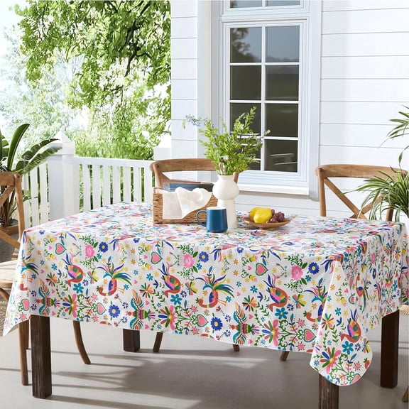 Spring Otomi Birds, Hearts, Floral Design 52 x 70 inch Rectangle Vinyl Tablecloth with Flannel Backing
