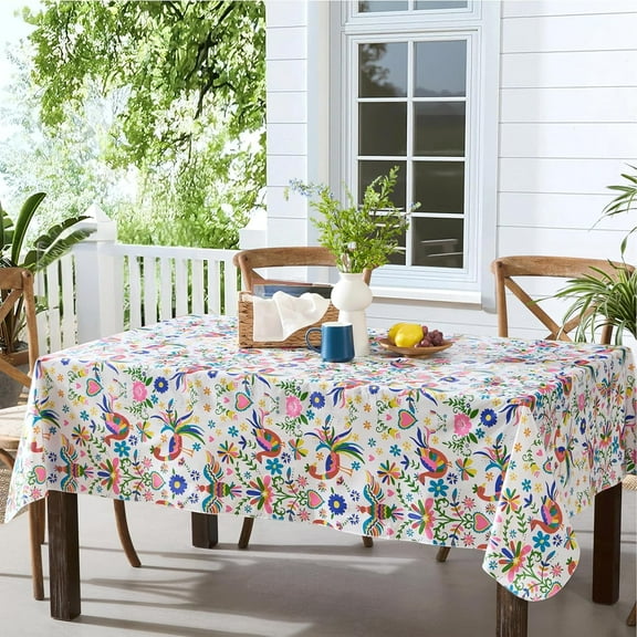 Spring Otomi Birds, Hearts, Floral Design 60 x 102 inch Rectangle Vinyl Tablecloth with Flannel Backing