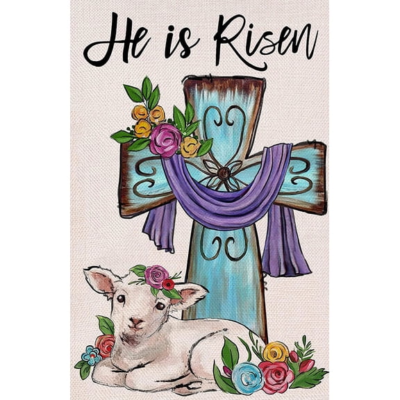 Spring Outdoor Easter Garden Flag 12 x 18 Double Sided Christian He is Risen Religious Cross Lamb Burlap Decor