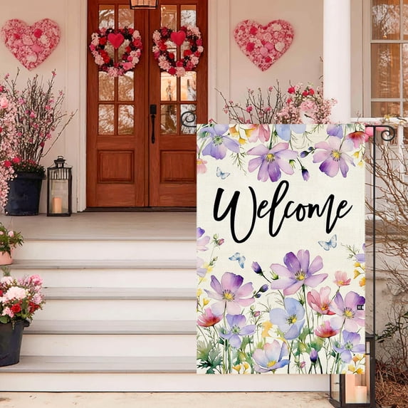 Spring Outdoor Garden Flag Decor Easter Welcome Flag Doublesided for Yard Patio Front Door Floral Holiday Decoration, 12x17.7in Size