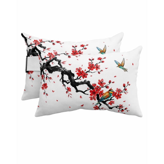 Spring Outdoor Head Resting Pillows with Insert Oriental Traditional Red Plum Blossoms Birds Ethnic 2 Pack Waterproof Lumbar Pillows with Adjustable Strap for Patio Recliner Beach Chair, 11"x16"