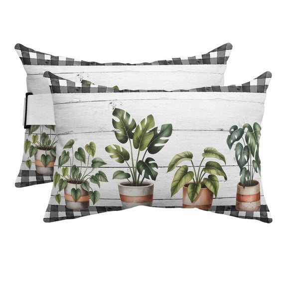 Spring Outdoor Pillows for Chaise Lounge Chair Beach Headrest Pillow Set of 2 Waterproof Lumbar Pillows with Insert Farmhouse Pots Plant Leaves Wood Plank Black Plaid Pillow for Patio Pool 12"x20"