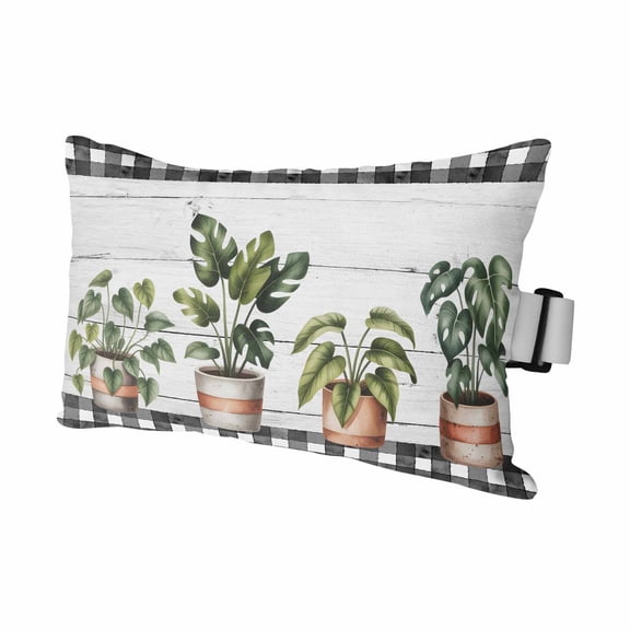 Spring Outdoor Pillows for Chaise Lounge Chair Waterproof Lumbar Pillows with Insert&Strap Beach Headrest Pillow Farmhouse Pots Plant Leaves Wood Plank Black Plaid Pillow for Patio Pool 11"x16"