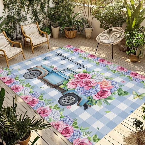 Spring Outdoor Rug for Patio/Deck/Porch, Non-Slip Large Area Rug 4 x 6 Ft, Truck Botanical Rose Leaves Blue White Plaid Indoor Outdoor Rugs Washable Area Rugs, Reversible Camping Rug Carpet Runner