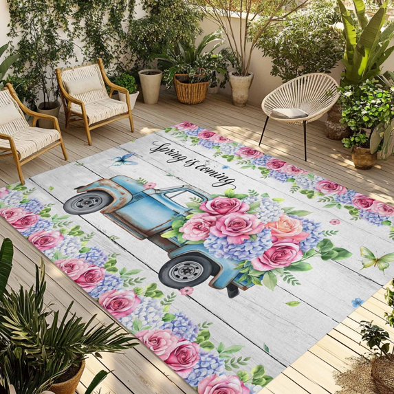Spring Outdoor Rug for Patio/Deck/Porch, Non-Slip Large Area Rug 5 x 7 Ft, Truck Botanical Floral Leaf Butterfly Wooden Grain Indoor Outdoor Rugs Washable Area Rugs, Camping Rug Carpet Runner