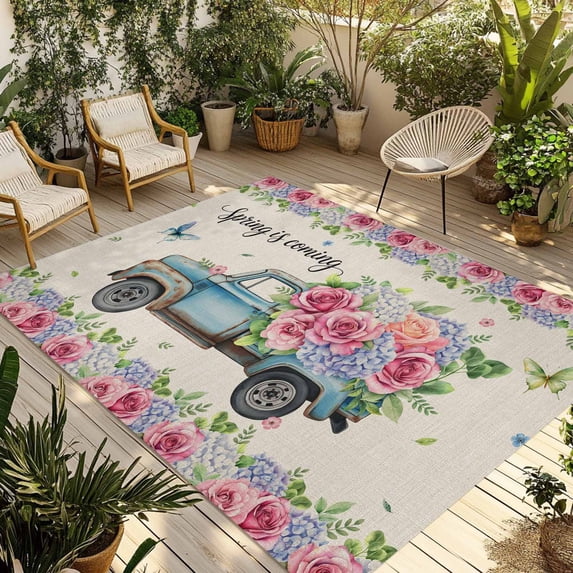 Spring Outdoor Rug for Patio/Deck/Porch, Non-Slip Large Area Rug 5 x 8 Ft, Farmhouse Retro Truck Botanical Rose Butterfly Indoor Outdoor Rugs Washable Area Rugs, Reversible Camping Rug Carpet Runner