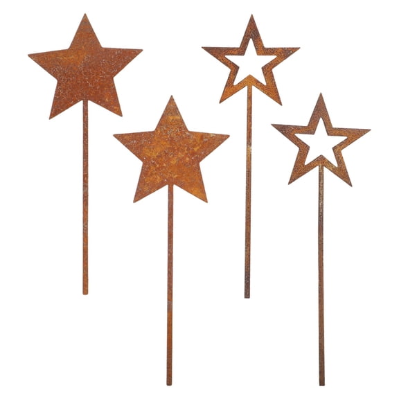 Spring Outdoor Rusty Star Garden Stakes Set Four Weathered Metal Vintage Style 25cm