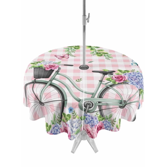 Spring Outdoor Tablecloth - 54 Inch Round Dining Table Cover, Bicycles Leaves Butterfly Flowers Pink Buffalo Plaid Waterproof Outdoor Table Cloth with Umbrella Hole & Zipper for Picnic/Patio/Party