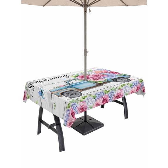 Spring Outdoor Tablecloth - 54x80 Inch Rectangle Dining Table Cover, Truck Botanical Floral Leaf Butterfly Wooden Grain Waterproof Outdoor Table Cloth with Umbrella Hole & Zipper for Picnic/Patio