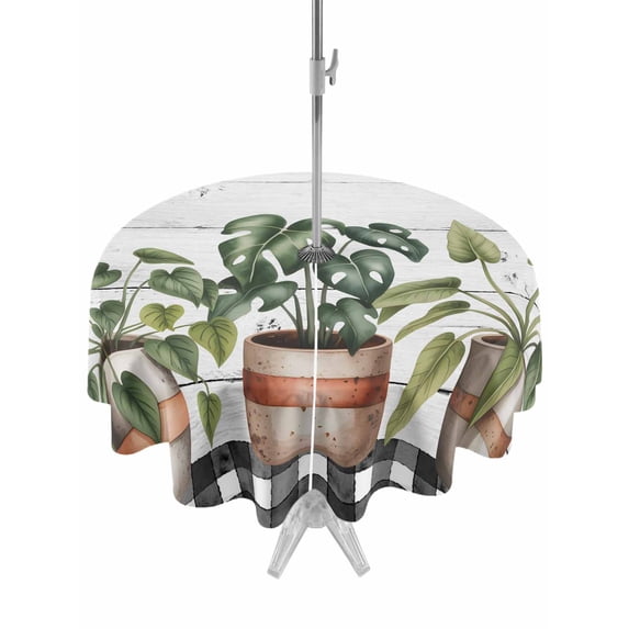 Spring Outdoor Tablecloth - 60 Inch Round Dining Table Cover, Farmhouse Pots Plant Leaves Wood Plank Black Plaid Waterproof Outdoor Table Cloth with Umbrella Hole & Zipper for Picnic/Patio/Party