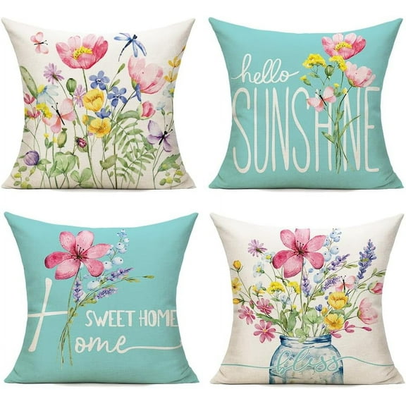 Spring Outdoor Throw Pillow Covers 20x20 Set of 2 Garden Flowers Farmhouse Patio Decorative Cushion Covers Home Decor Couch for Sofa Bedroom Livingroom, SkyBlue