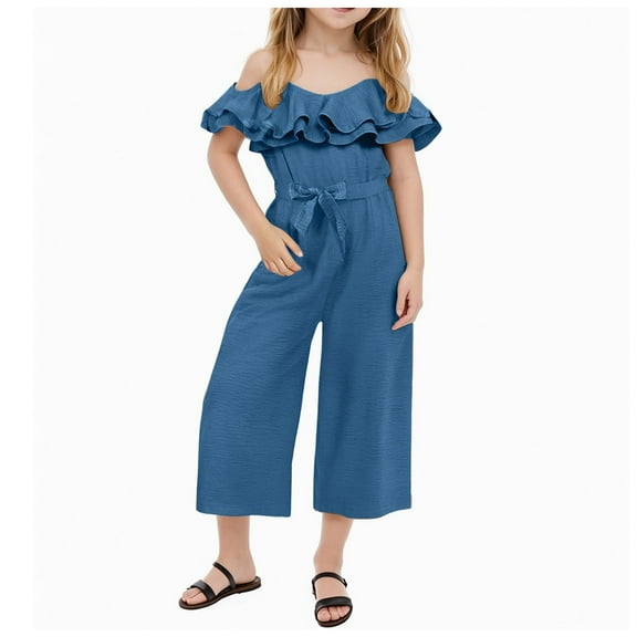 Spring Outfits For Girls Tween Girls Clothes Girls Jumpsuit Kids Fashion Spaghetti Strap Off the Shoulder Belted Wide Leg Romper One Piece Summer Outfits Blue 7-8 Years