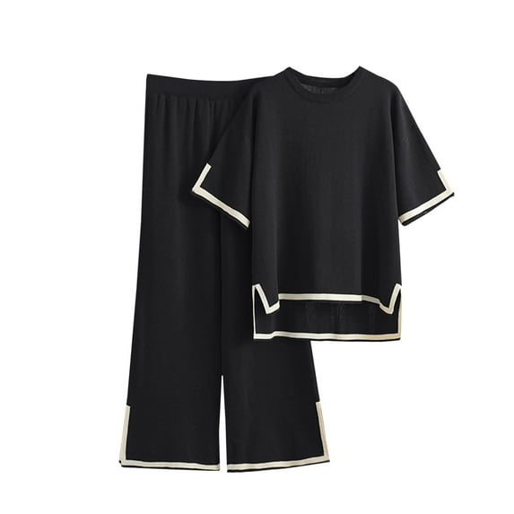 Spring Outfits for Women 2024 Trendy Two Piece Outfits for Women Clothing Set Female Round Neck Short Sleeve Tops Pants Sets Casual Pant Style S_351 Women's Tracksuits Black One Size