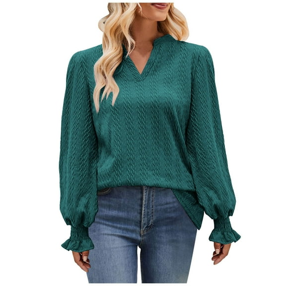 Spring Outfits for Women 2025!DianGeFu Womens Tops Long Sleeve Button Down Fashion Casual,Women's Winter V-Neck Puff Sleeve Knitted Solid Color Long Sleeve Top,Green,S