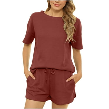 Spring Outfits for Women Spring Outfits for Women 2024 Trendy Clothing Set Female Round Neck Short Sleeve Tops Pants Sets Long Pant Style S_456 Women's Tracksuits Red S