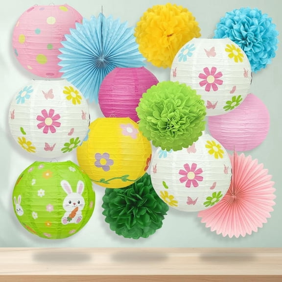 Spring Party Decorations Pastel Bunny & Daisy Paper Lanterns, Pom Poms & Fans Hanging Decor for Office, Classroom, and Seasonal Celebrations