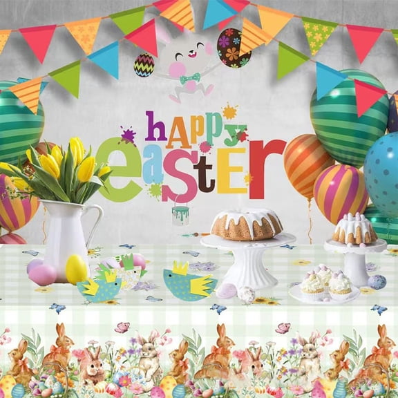 Spring Party Table Cover, 54x108 Inch Easter Themed Tablecloth with Bunny Egg & Floral Print, Disposable Decor for 6-8 Person Dining Table, Holiday Brunch, Outdoor Celebration, and Home Decor