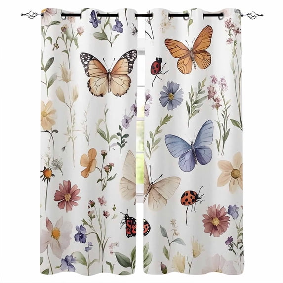 Spring Pastoral Botanical Blackout Curtains 96 Inches Long for Bedroom, Farmhouse Butterfly Floral Thermal Insulated Room Darkening Black Out Window Curtain Panels Grommet Drapes for Living Room