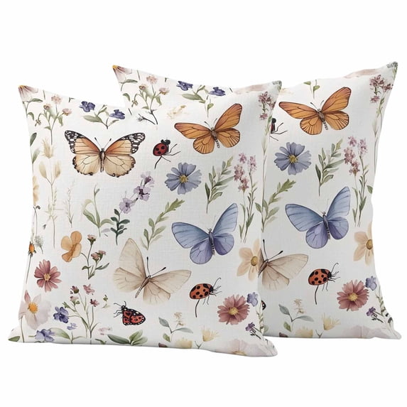 Spring Pastoral Botanical Outdoor Waterproof Pillow Covers, Farmhouse Butterfly Floral Decorative Square Throw Pillowcase Sofa Cushion Sham for Patio/Couch/Chair, 18"x18" 2 Pack