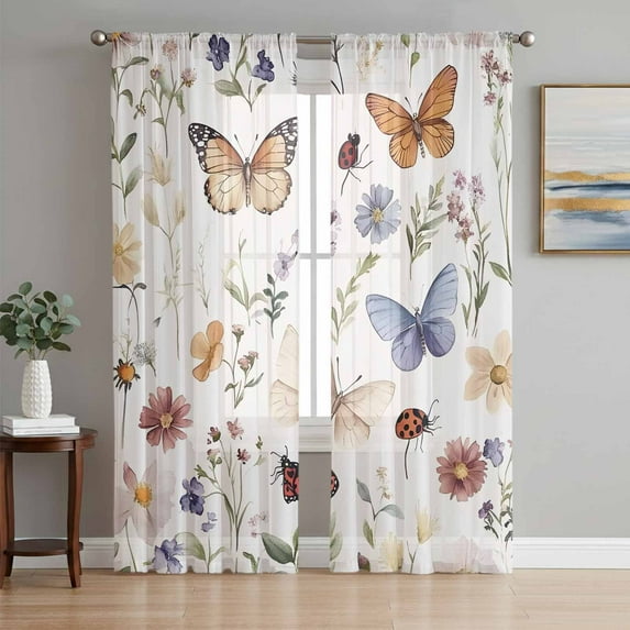 Spring Pastoral Botanical Semi Sheer Curtains 72 Inch Length 2 Panels Set, Farmhouse Butterfly Floral Sheer Kitchen Curtain Privacy Voile Window Curtain for Living Room Bedroom Rod Pocket Drapes