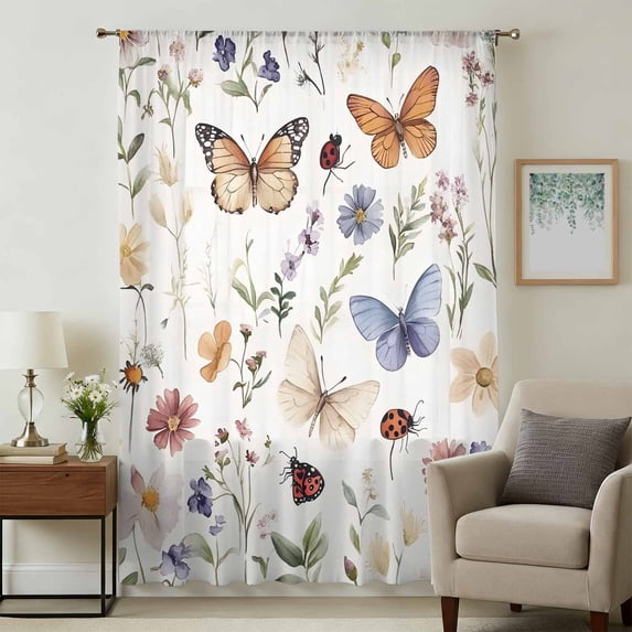 Spring Pastoral Botanical Sheer Curtains 72 Inches Long, Farmhouse Butterfly Floral Light Filering Curtains, Breathable Simi Curtain Privacy Drapes for Living Room Bedroom Window Treatment