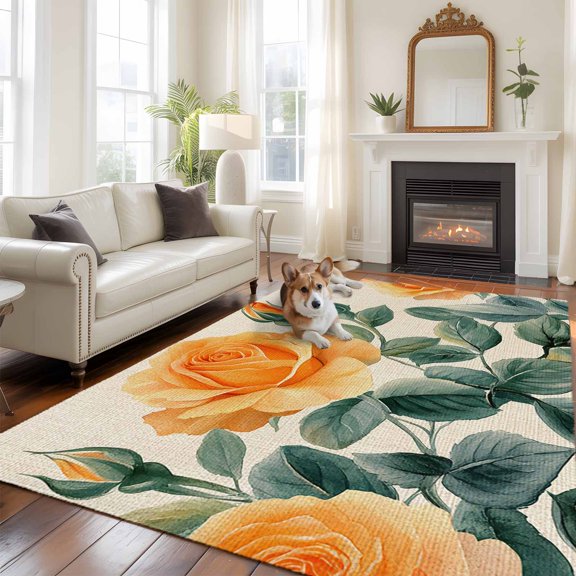 Spring Pastoral Floral Large Area Rugs 5x8 ft Yellow Flowers Linen Texture Washable Rug Non Slip Indoor Carpet Absorbent Floor Mat for Living Room Bedroom Dining Room