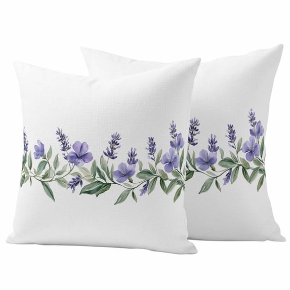 Spring Pastoral Floral Pillow Covers 2 Pack Watercolor Purple Flowers Pillowcase Waterproof Outdoor Throw Pillow Cover for Patio Garden Square Cushion 24”x24”