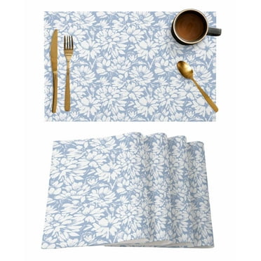 Spring Pastoral Floral Placemats for Dining Table Set of 6, Washable Placemats Cotton Linen Place Mats for Kitchen/Dining, Farmhouse Table Mats Blue Chrysanthemums Plants