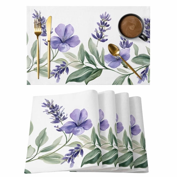Spring Pastoral Floral Placemats Set of 1, Watercolor Purple Flowers Non-Slip Place Mats Washable Table Mats for Kitchen Dining Table Decorations Indoor/Outdoor