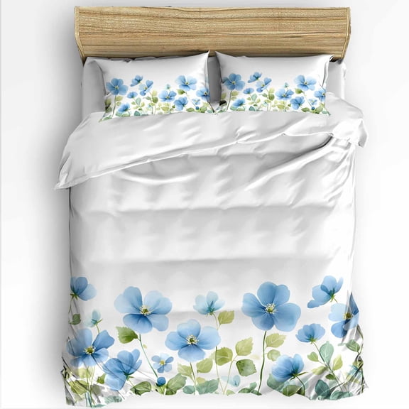 Spring Pastoral Floral Queen Size Comforter Set, Watercolor Blue Flowers Soft Bedding for All Seasons, 4 Pcs Bed Set with 1Comforter (90"x92") ,1 Sheet(94"x116"), 2 Pillowcases (19"x29")