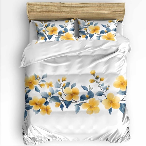 Spring Pastoral Floral Queen Size Comforter Set, Yellow Flowers Watercolor Soft Bedding for All Seasons, 4 Pcs Bed Set with 1Comforter (90"x92") ,1 Sheet(94"x116"), 2 Pillowcases (19"x29")