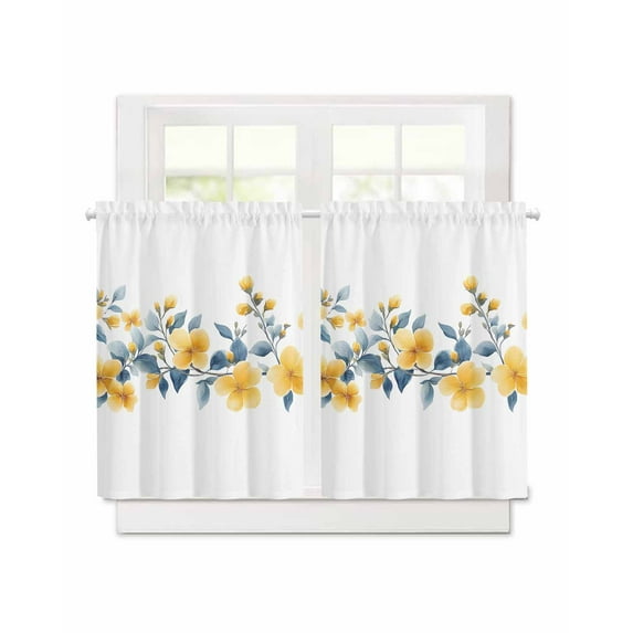 Spring Pastoral Floral Short Blackout Curtains 36 Inch Long Yellow Flowers Watercolor Rod Pocket Kitchen Curtains, 2 Panels Thermal Insulated Room Darkening Drapes for Bedroom, 30"W x 36"L