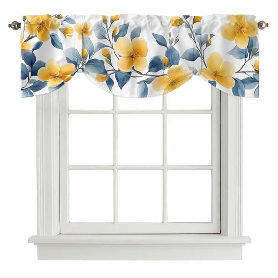 Spring Pastoral Floral Tie Up Valance for Windows, Yellow Flowers Watercolor Adjustable Rod Pocket Tie Up Valance Curtains Window Treatment for Kitchen Bathroom Bedroom 42 X 18 Inch