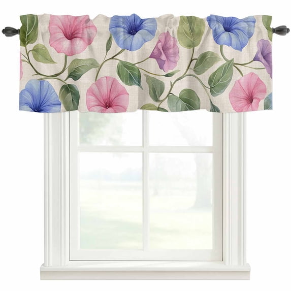 Spring Pastoral Floral Valances for Windows Pink Blue Flowers Linen Texture Rod Pocket Curtain Valance Window Treatment Short Curtains for Kitchen Living Room, 60"x18"