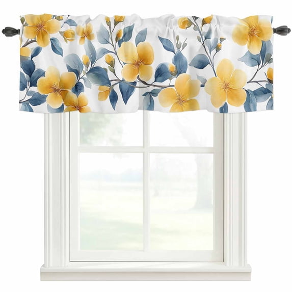 Spring Pastoral Floral Valances for Windows Yellow Flowers Watercolor Rod Pocket Curtain Valance Window Treatment Short Curtains for Kitchen Living Room, 42"x12"
