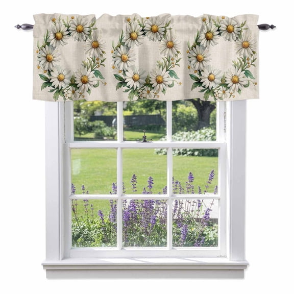 Spring Pastoral Kitchen Valances, White Circle Flower Linen Texture Rod Pocket Window Valance 18 Inch Long, Window Curtain Panels for Living Room Bedroom Laundry, 54x18in